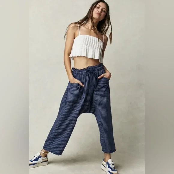 Free People Runyon Oversize Stripe Pant Harem Blue Drawstring Medium - Picture 1 of 3